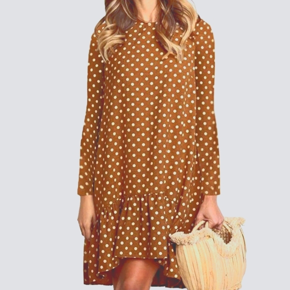 OYE Cute Brown Polkadot Casual Retro Boho Loose Fit Swing Long Sleeve Dress NWT - Picture 2 of 10